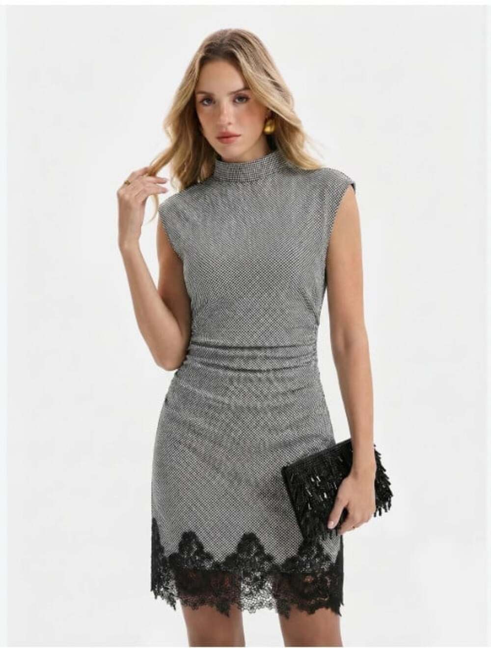 Commense Dress Womens Small Gray Houndstooth Mock Neck Ruched Lace Mini Bodycon